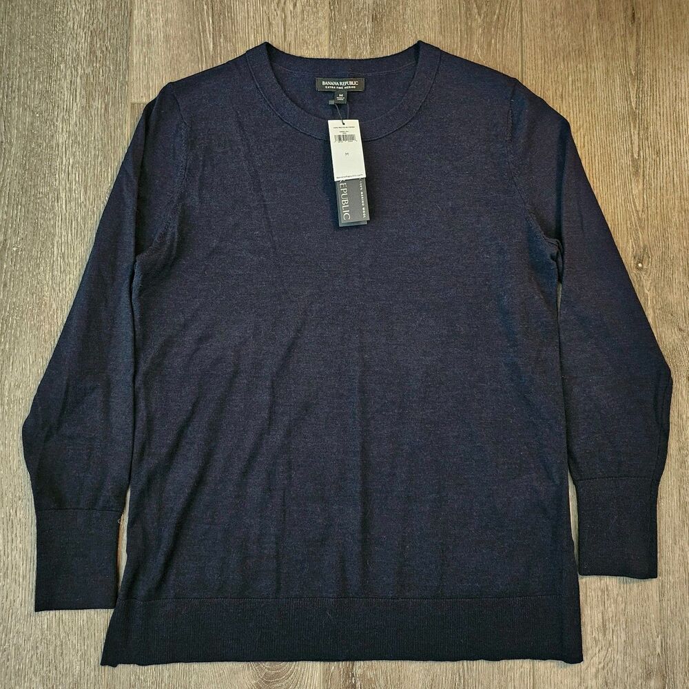 NWT Banana Republic Fine Merino Wool Mens Navy Blue Crewneck Sweater Size M